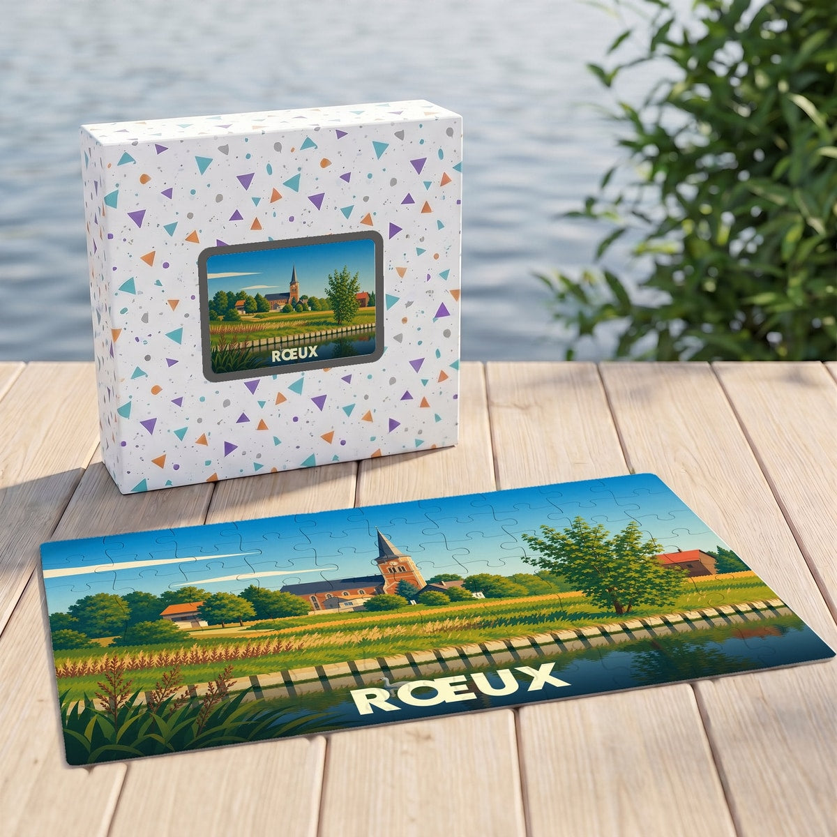 Puzzle souvenir de la ville de Rœux avec une illustration stylisée de son église et du bord de l'eau.