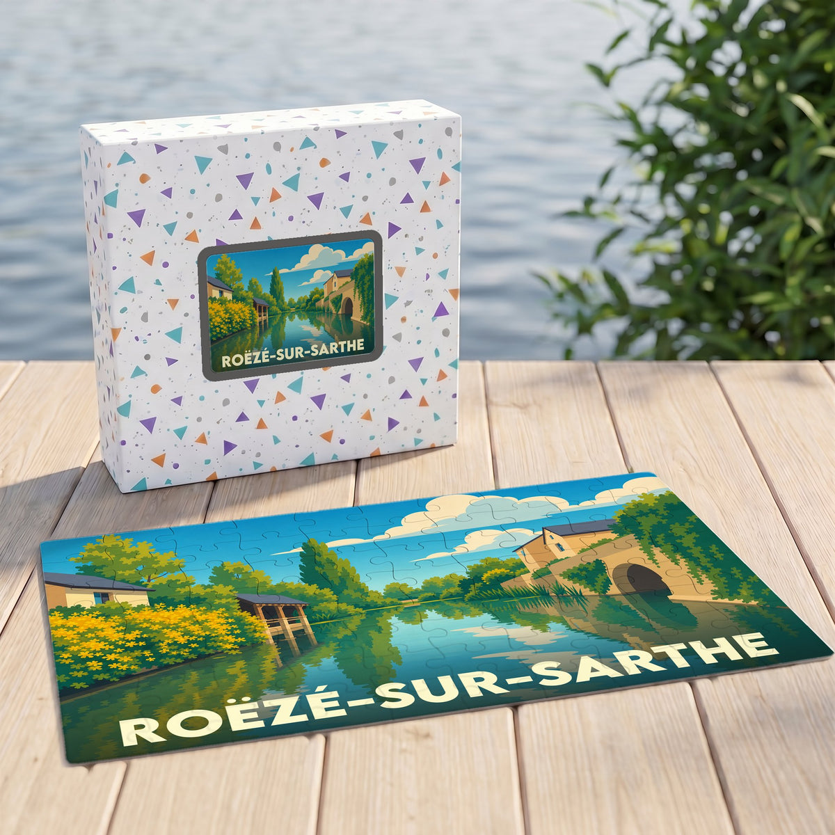 Puzzle souvenir de Roëzé-sur-Sarthe représentant un paysage fluvial illustré dans un style vintage.