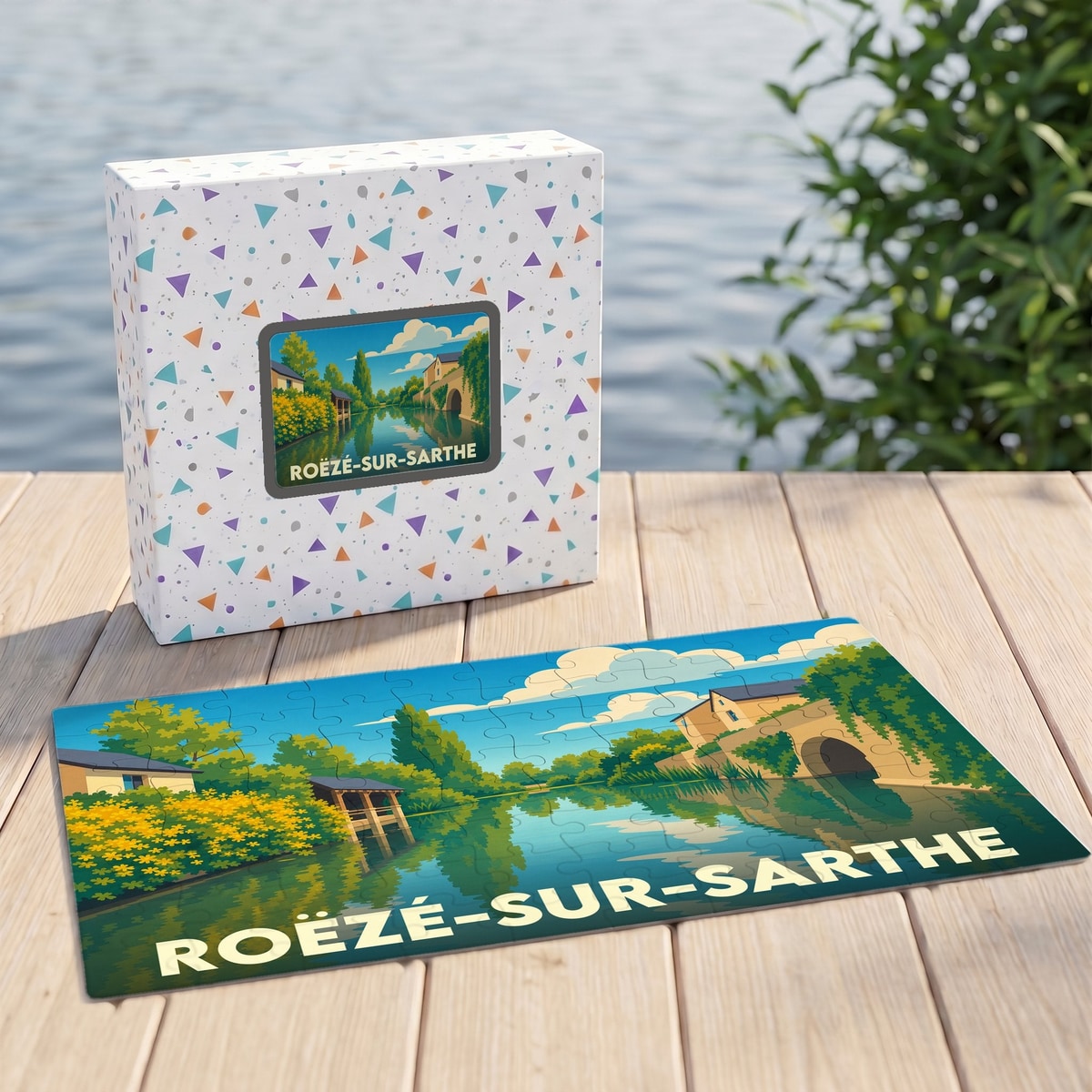 Puzzle souvenir de Roëzé-sur-Sarthe représentant un paysage fluvial illustré dans un style vintage.