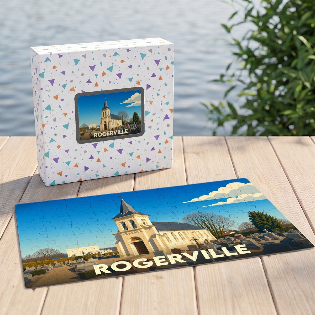 Puzzle souvenir de la ville de Rogerville avec une illustration stylisée d'une église.