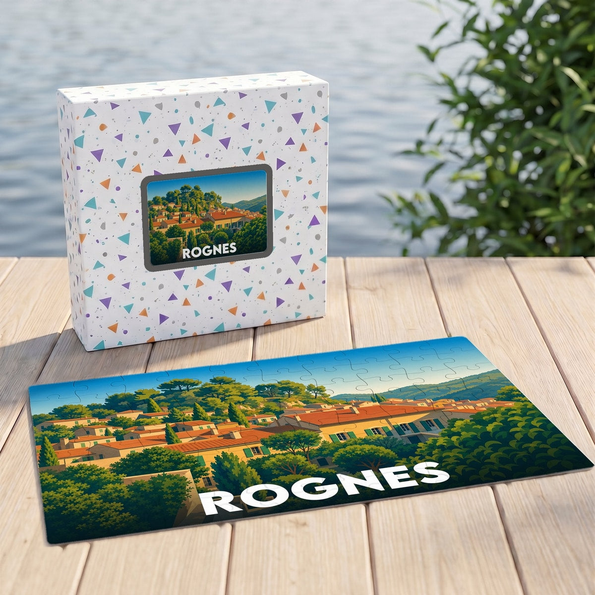 Puzzle souvenir de la ville de Rognes avec une illustration stylisée.