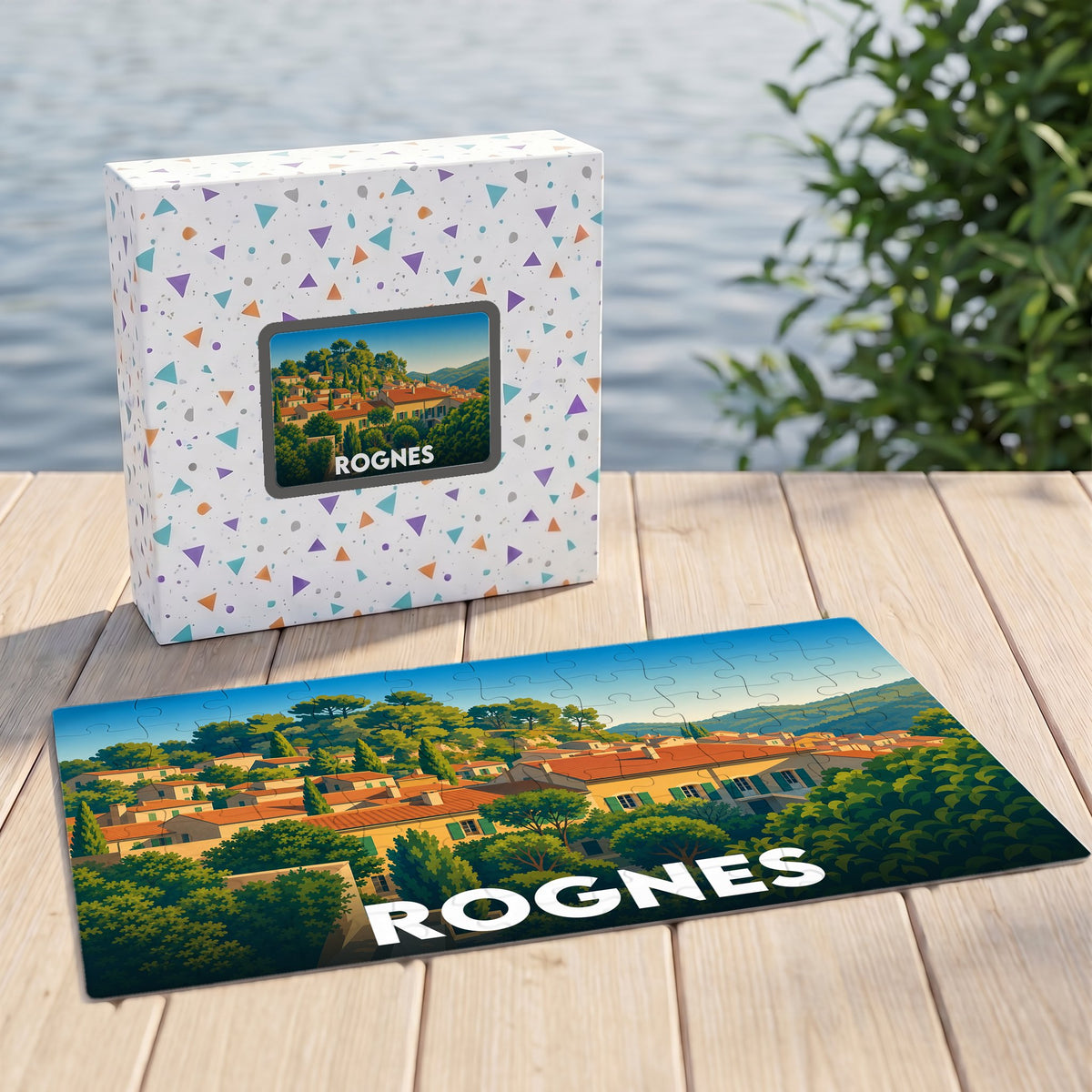 Puzzle souvenir de la ville de Rognes avec une illustration stylisée.