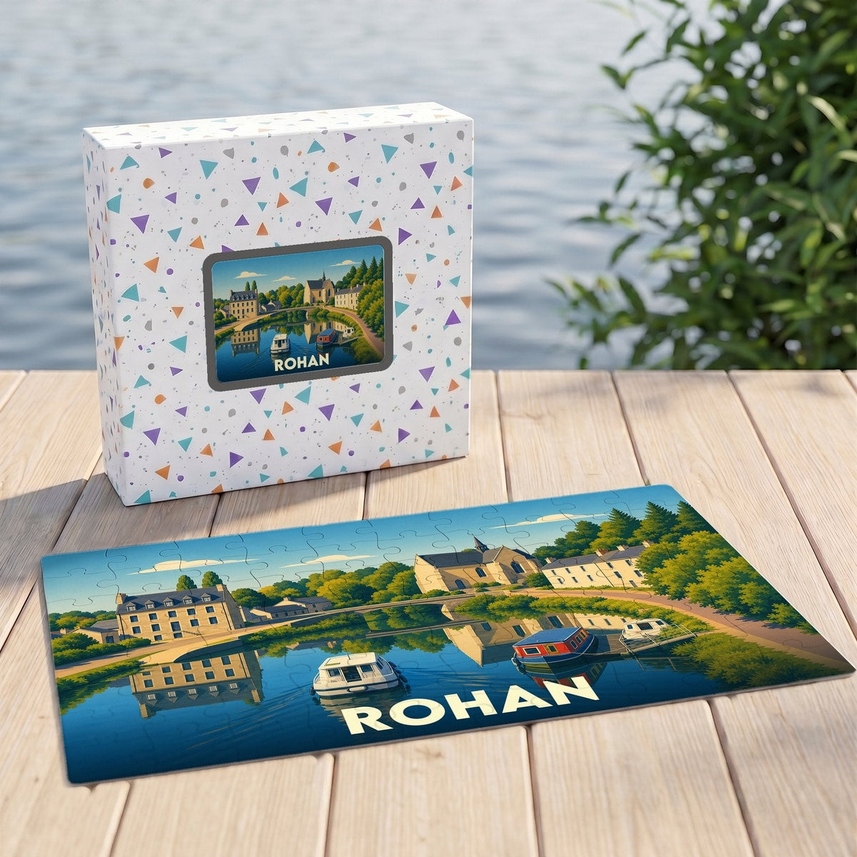 Puzzle souvenir de la ville de Rohan avec une illustration stylisée d'un paysage fluvial.