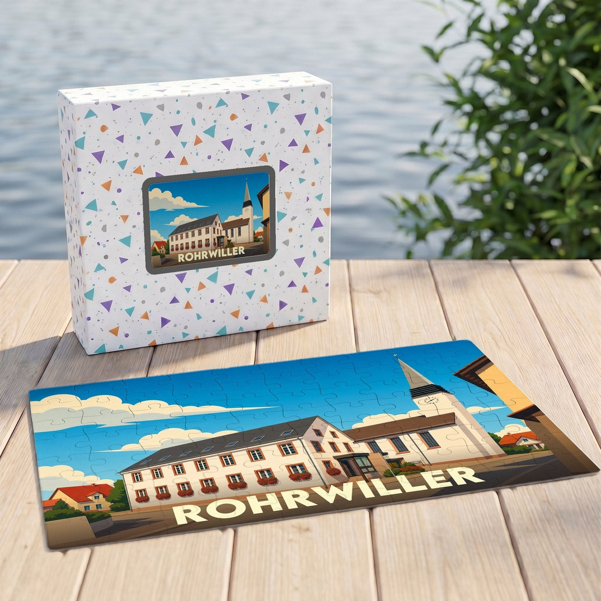Puzzle souvenir de la ville de Rohrwiller présenté avec sa boîte illustrée sur un ponton en bois.