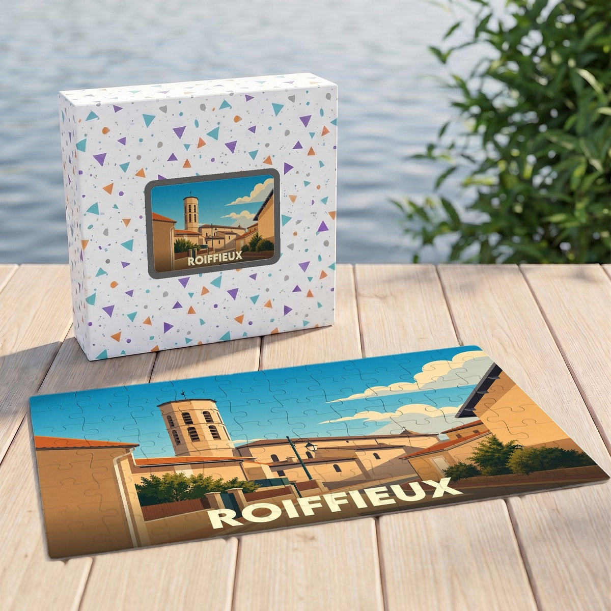 Puzzle souvenir de la ville de Roiffieux avec une illustration stylisée et colorée.
