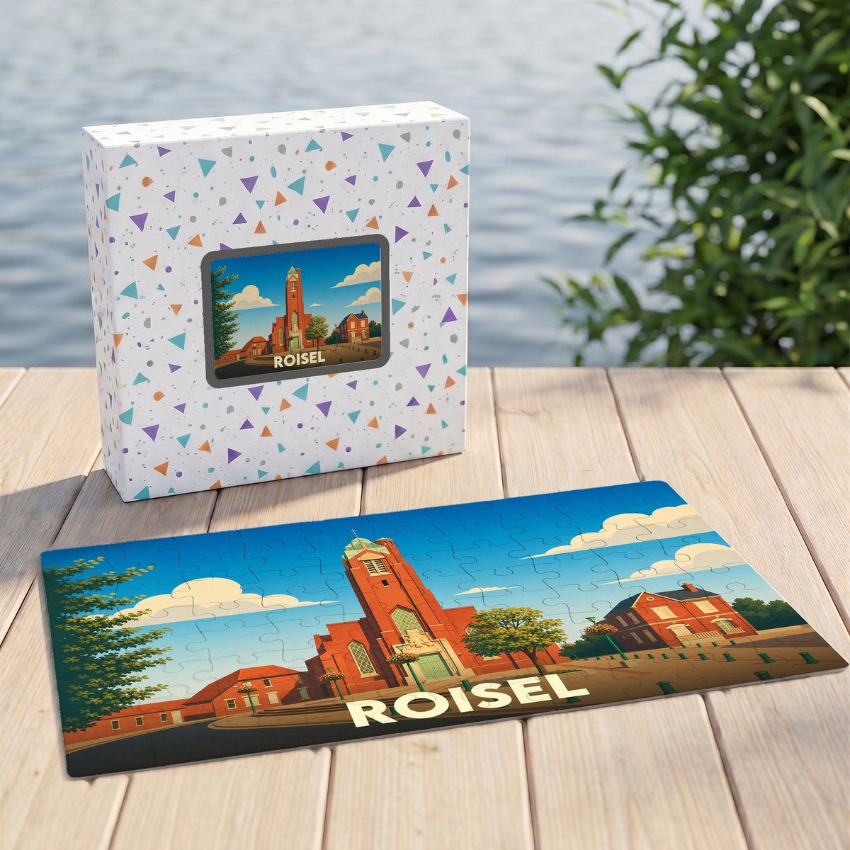 Puzzle souvenir de la ville de Roisel avec une illustration stylisée et colorée.