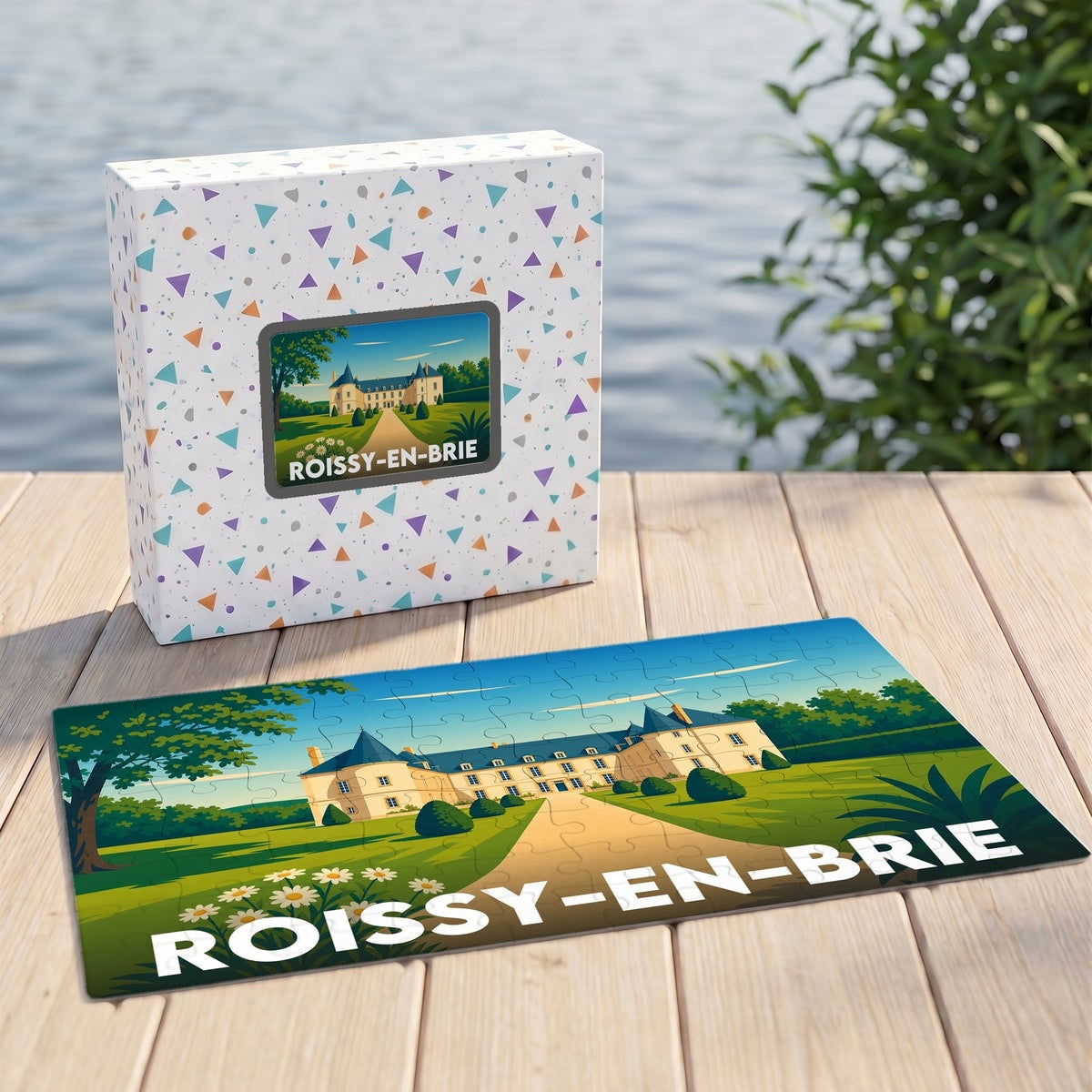 Puzzle souvenir de la ville de Roissy-en-Brie avec une illustration stylisée d'un château.