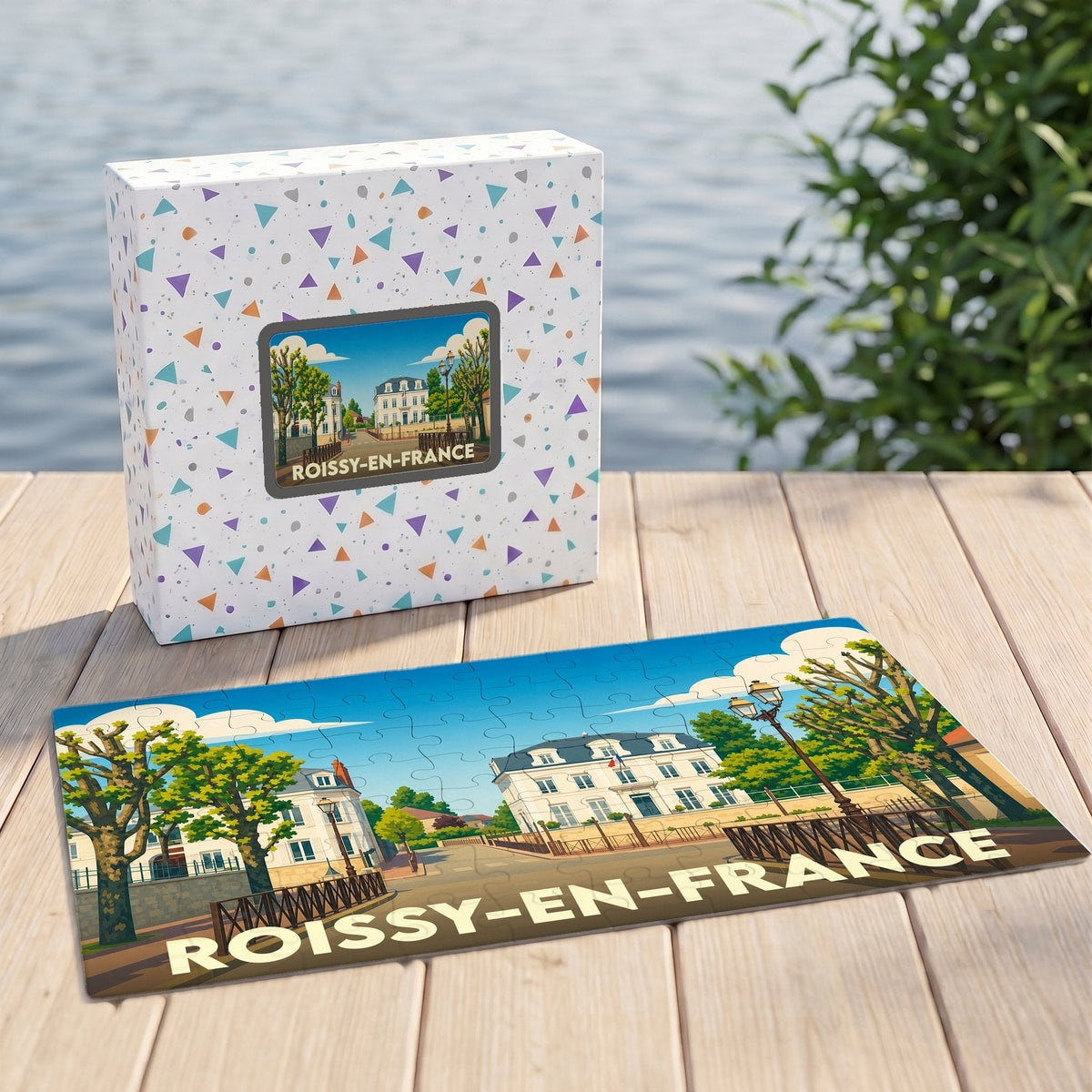 Puzzle souvenir de la ville de Roissy-en-France avec une illustration stylisée et colorée de son architecture.