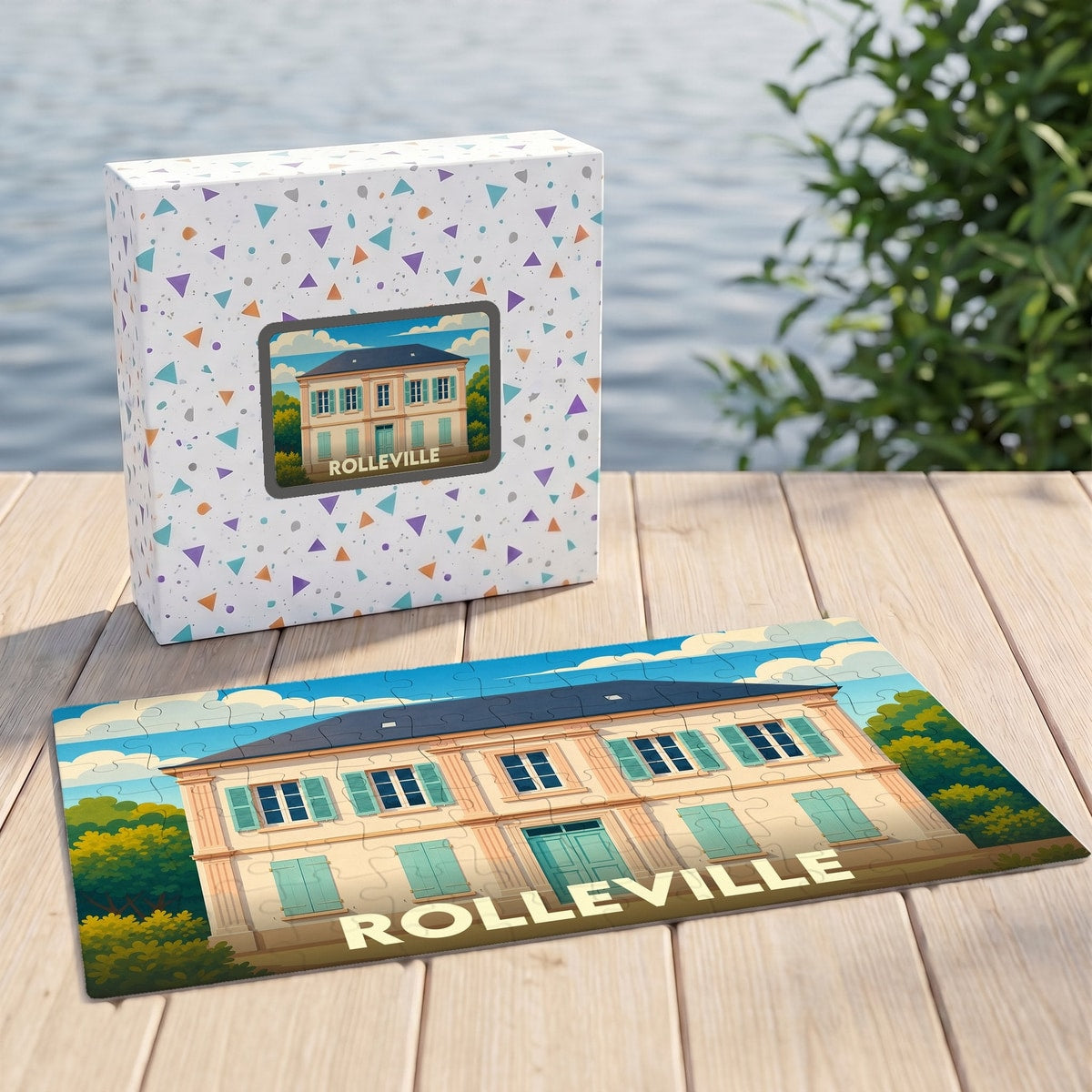 Puzzle souvenir de la ville de Rolleville avec une illustration stylisée d'un bâtiment classique.