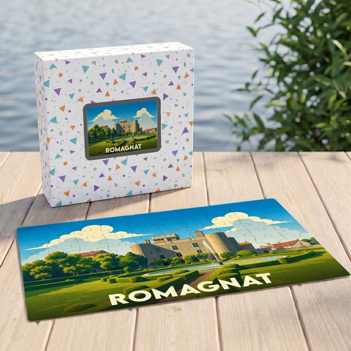 Puzzle souvenir de la ville de Romagnat illustrant un château et ses jardins.