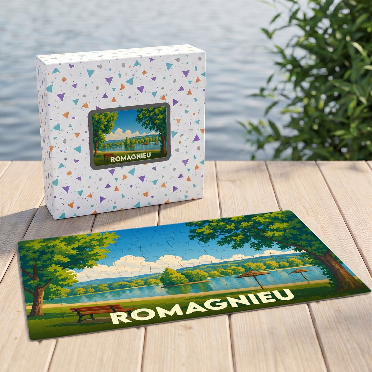 Puzzle souvenir de la ville de Romagnieu avec une illustration stylisée d'un paysage lacustre.