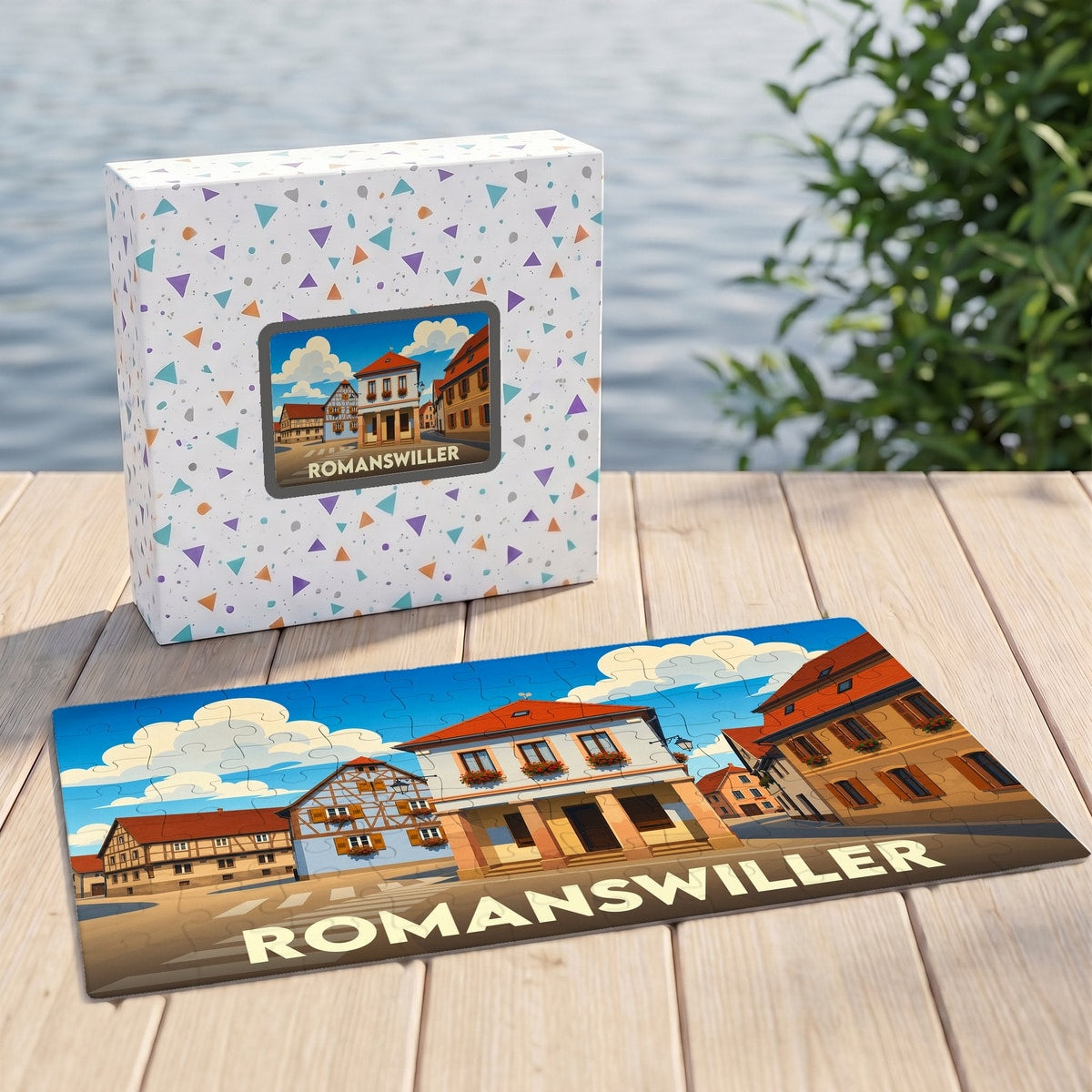 Puzzle souvenir de la ville de Romanswiller avec une illustration stylisée et sa boîte assortie.