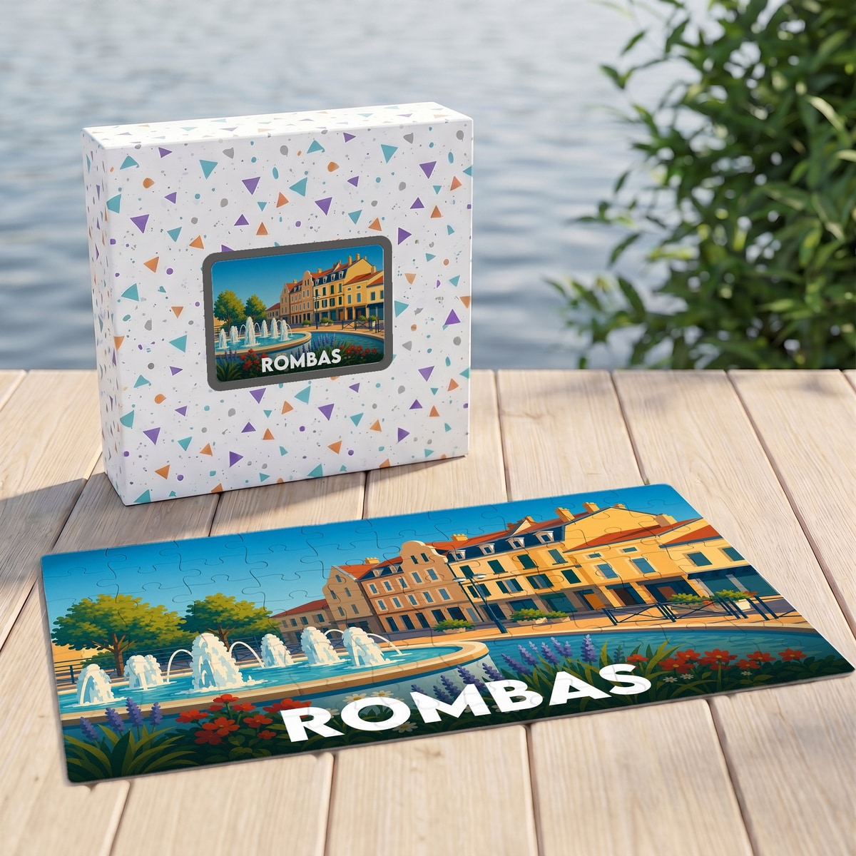 Puzzle souvenir de la ville de Rombas avec une illustration stylisée d'une fontaine et de bâtiments colorés.