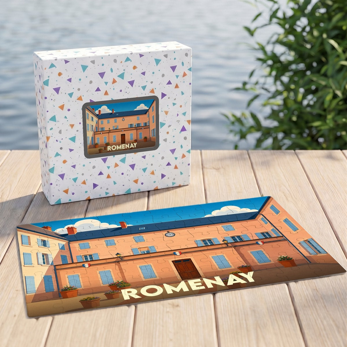 Puzzle souvenir de la ville de Romenay avec une illustration stylisée de sa mairie.