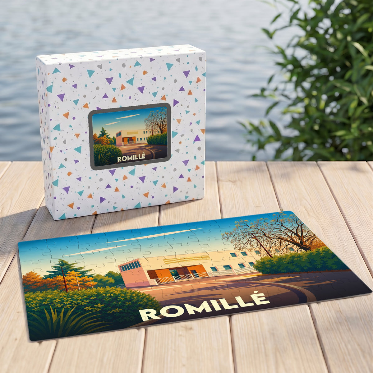Puzzle souvenir de la ville de Romillé avec une illustration stylisée d'un bâtiment local.