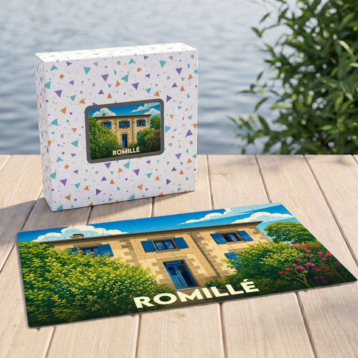 Puzzle souvenir de la ville de Romillé avec une illustration stylisée d'une maison en pierre.