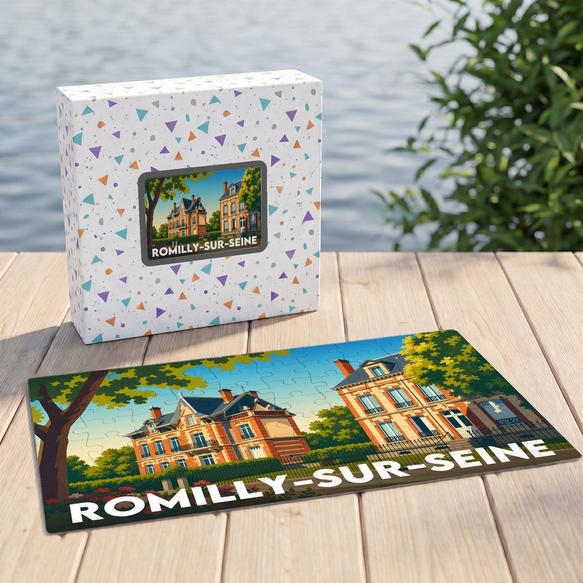 Puzzle souvenir de la ville de Romilly-sur-Seine avec une illustration stylisée de bâtiments historiques.