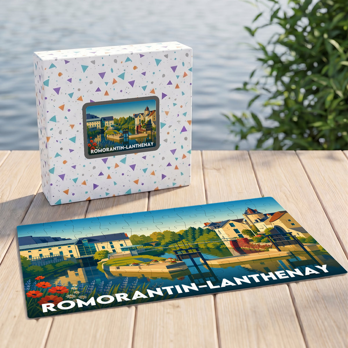 Puzzle souvenir de la ville de Romorantin-Lanthenay avec une illustration colorée et stylisée de ses bords de rivière.
