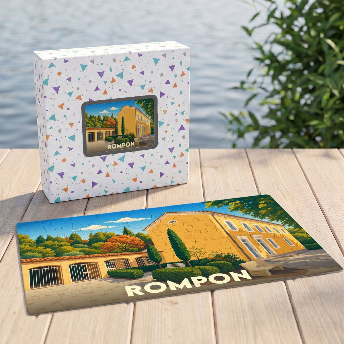 Puzzle souvenir de la ville de Rompon avec une illustration colorée et stylisée.