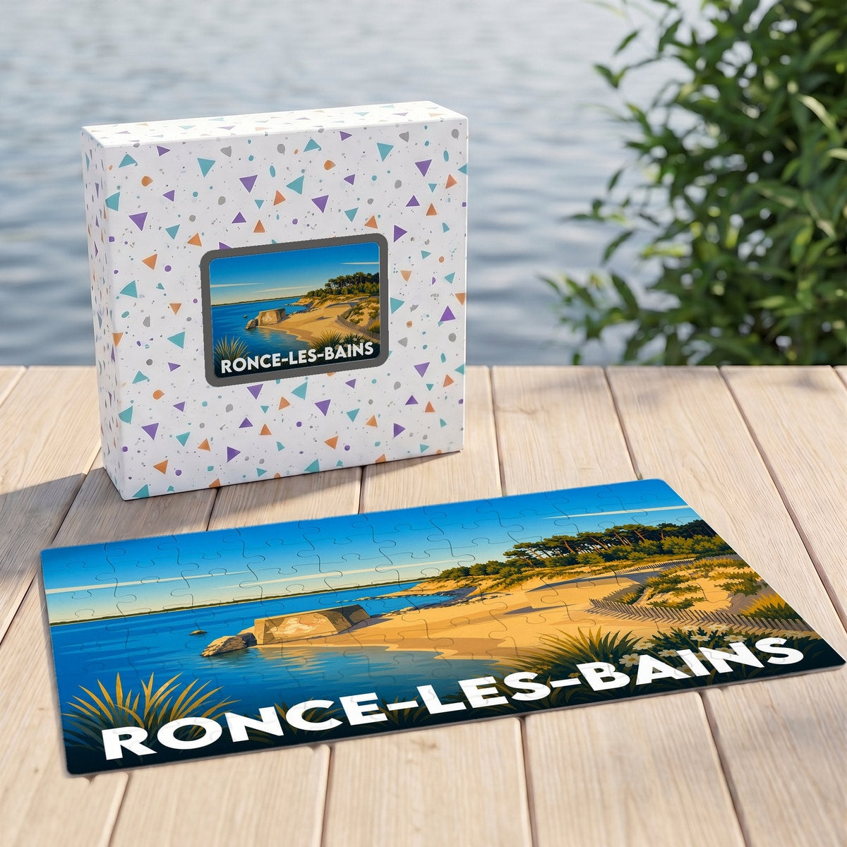 Puzzle souvenir de la ville de Ronce-les-Bains avec une illustration stylisée d'un paysage côtier.