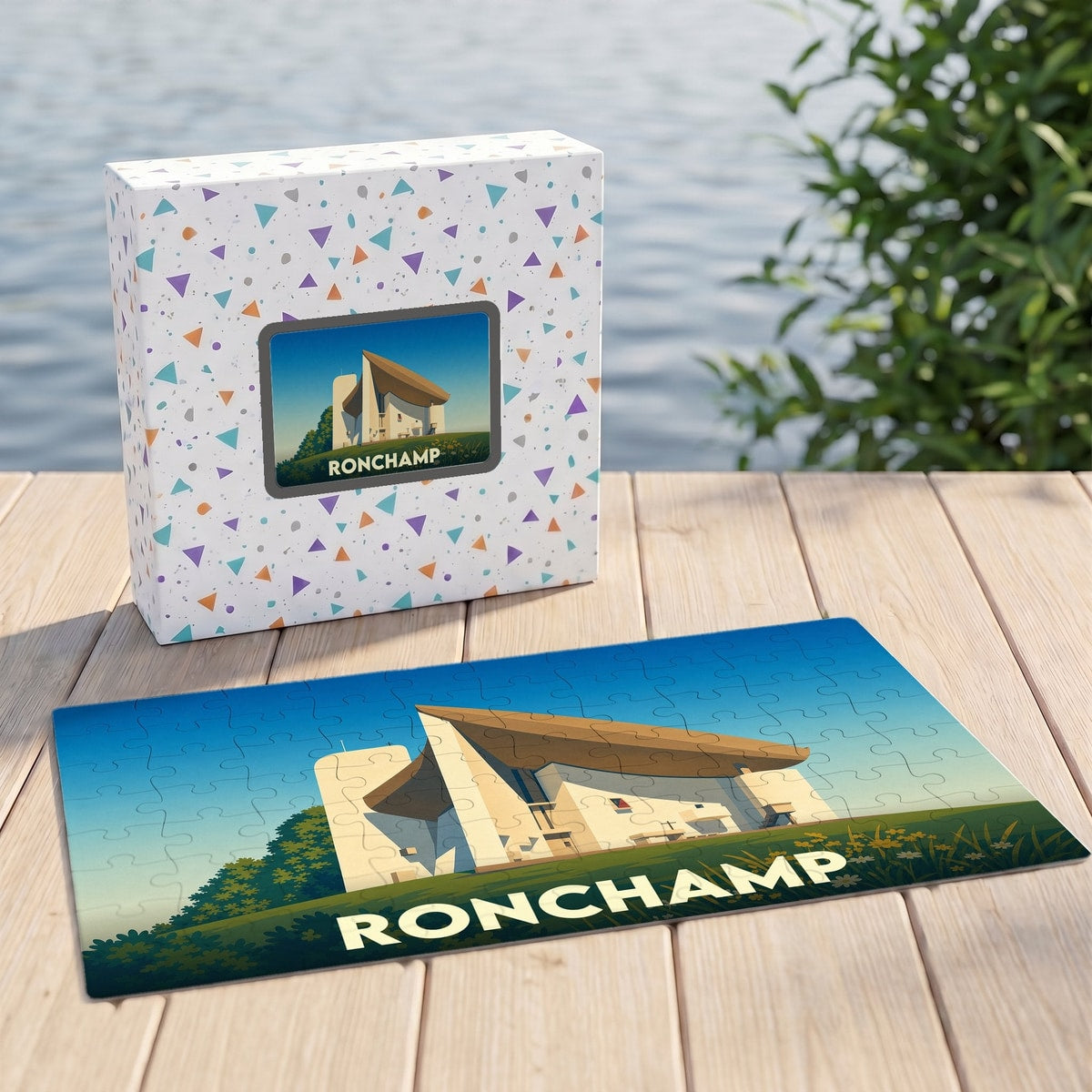 Puzzle souvenir de la ville de Ronchamp avec une illustration stylisée de la chapelle Notre-Dame-du-Haut.