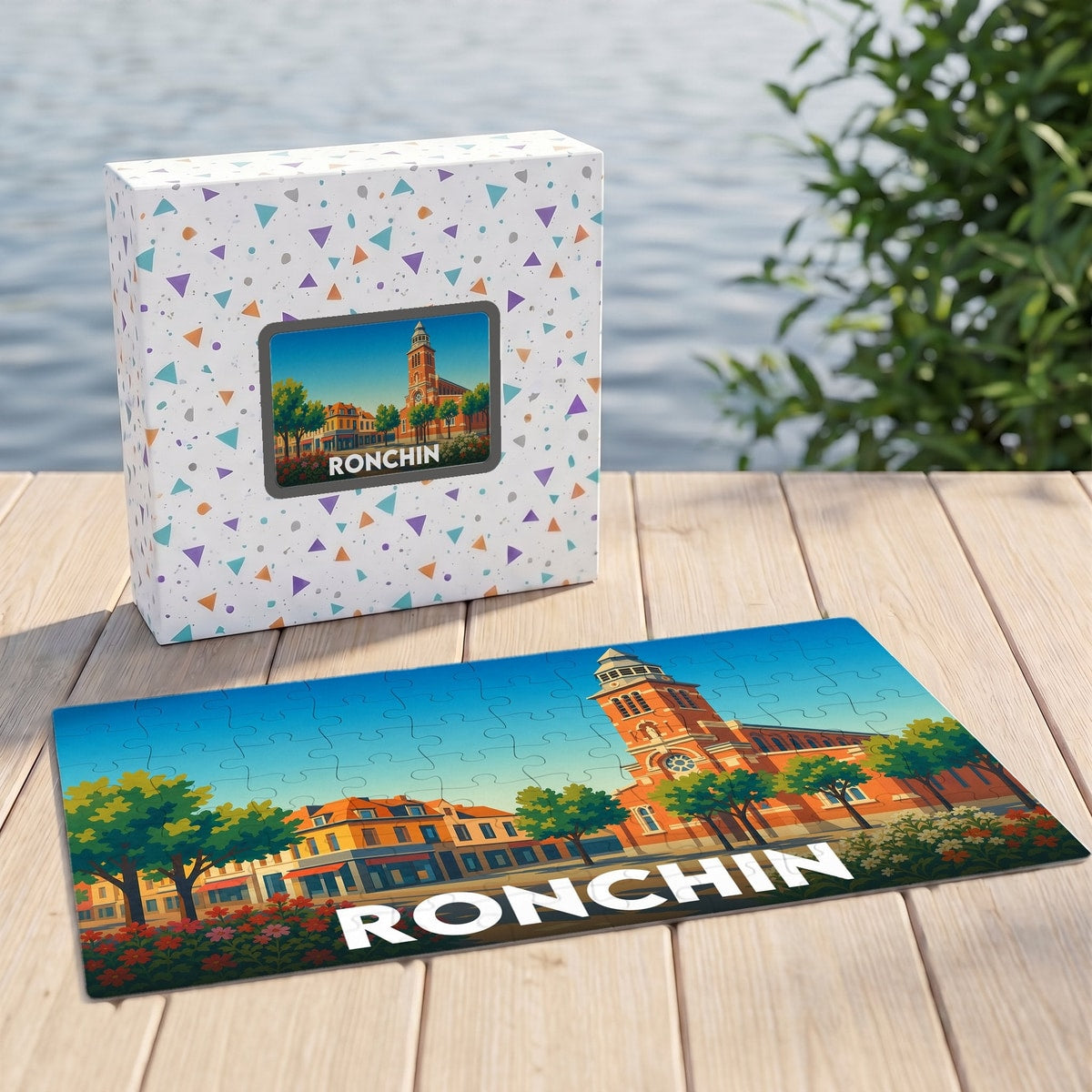 Puzzle souvenir de la ville de Ronchin illustrant son hôtel de ville dans un style coloré et épuré.