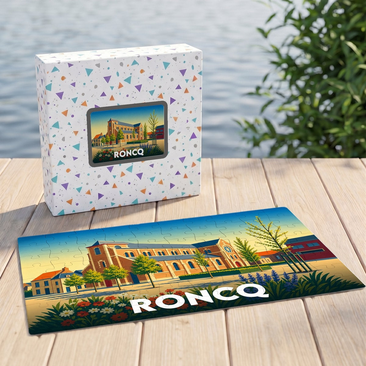 Puzzle souvenir de la ville de Roncq avec une illustration stylisée de son église et de ses environs.