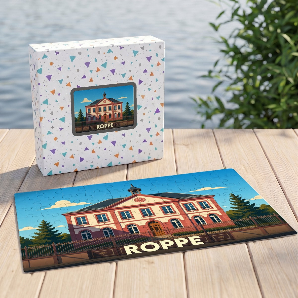 Puzzle souvenir de la ville de Roppe avec une illustration stylisée de sa mairie.