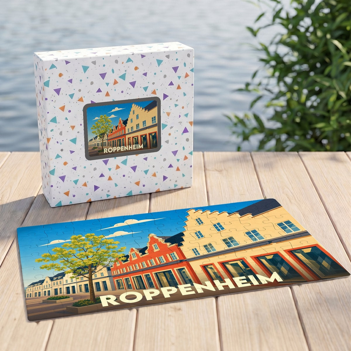 Puzzle souvenir de la ville de Roppenheim avec une illustration stylisée et sa boîte assortie.