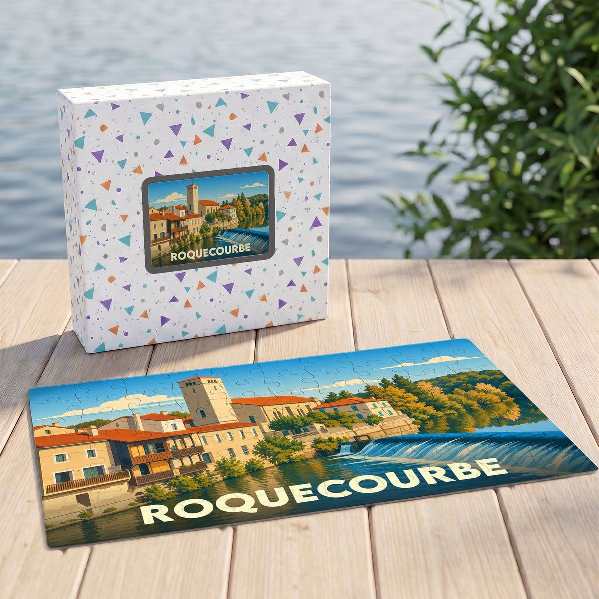 Puzzle souvenir de la ville de Roquecourbe avec une illustration stylisée de son front de rivière.