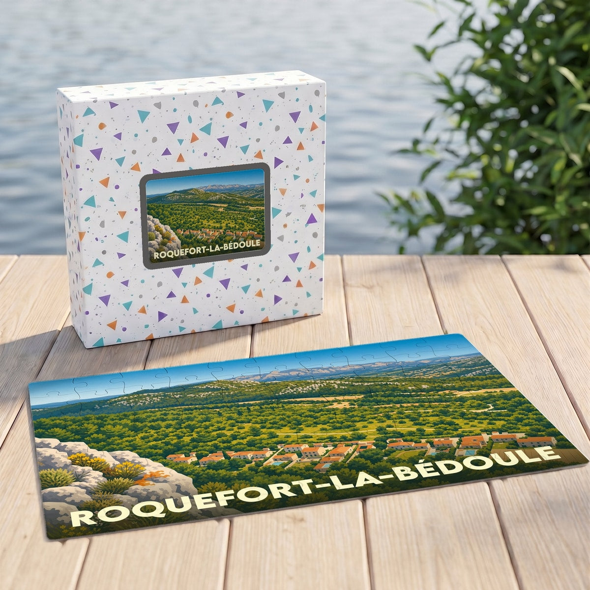 Puzzle souvenir de la ville de Roquefort-la-Bédoule avec son illustration stylisée et sa boîte assortie.