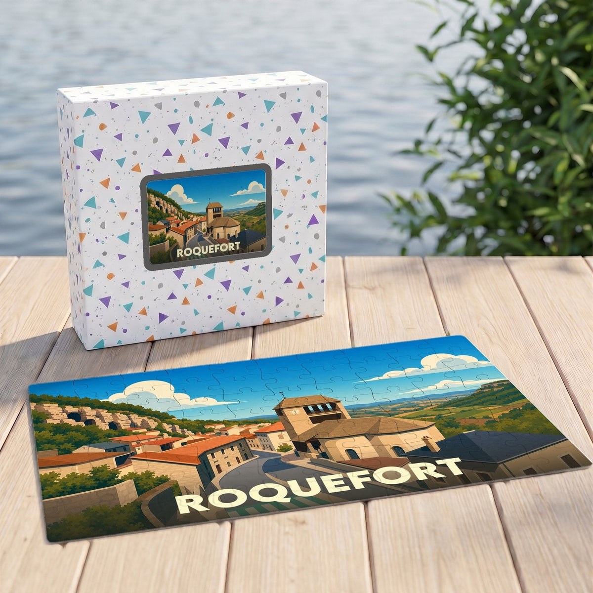 Puzzle souvenir de la ville de Roquefort présenté à côté de sa boîte illustrée sur une table en bois.