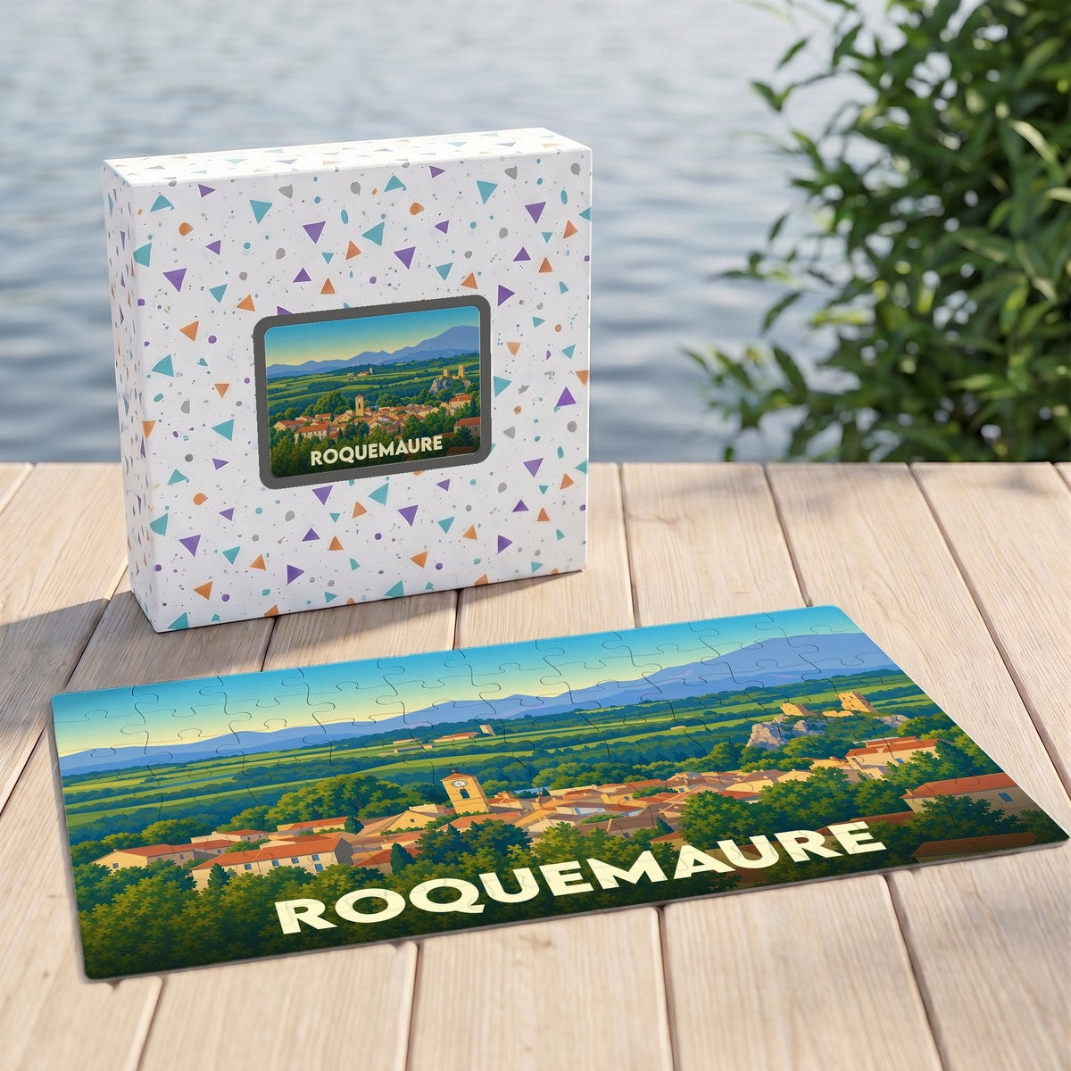 Puzzle souvenir de la ville de Roquemaure avec une illustration paysagère stylisée.