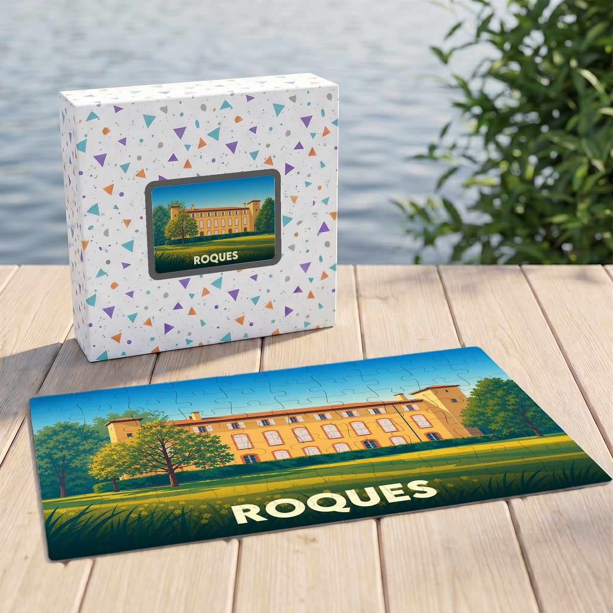 Puzzle souvenir de la ville de Roques avec une illustration stylisée d'une demeure historique.