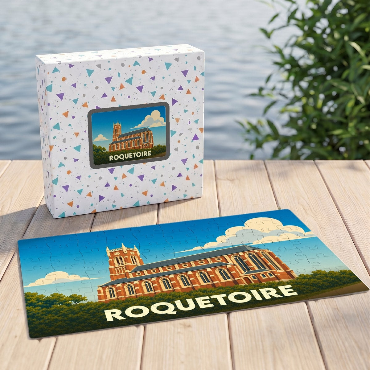 Puzzle souvenir de la ville de Roquetoire avec une illustration stylisée de son église.
