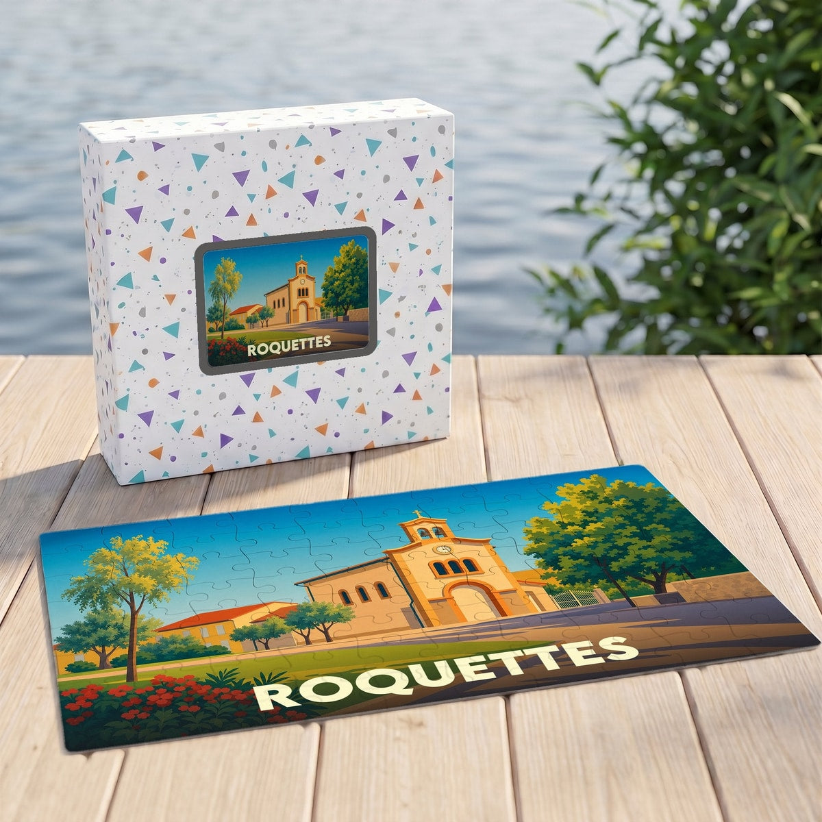 Puzzle souvenir de la ville de Roquettes avec une illustration stylisée d'une église sous un ciel bleu.