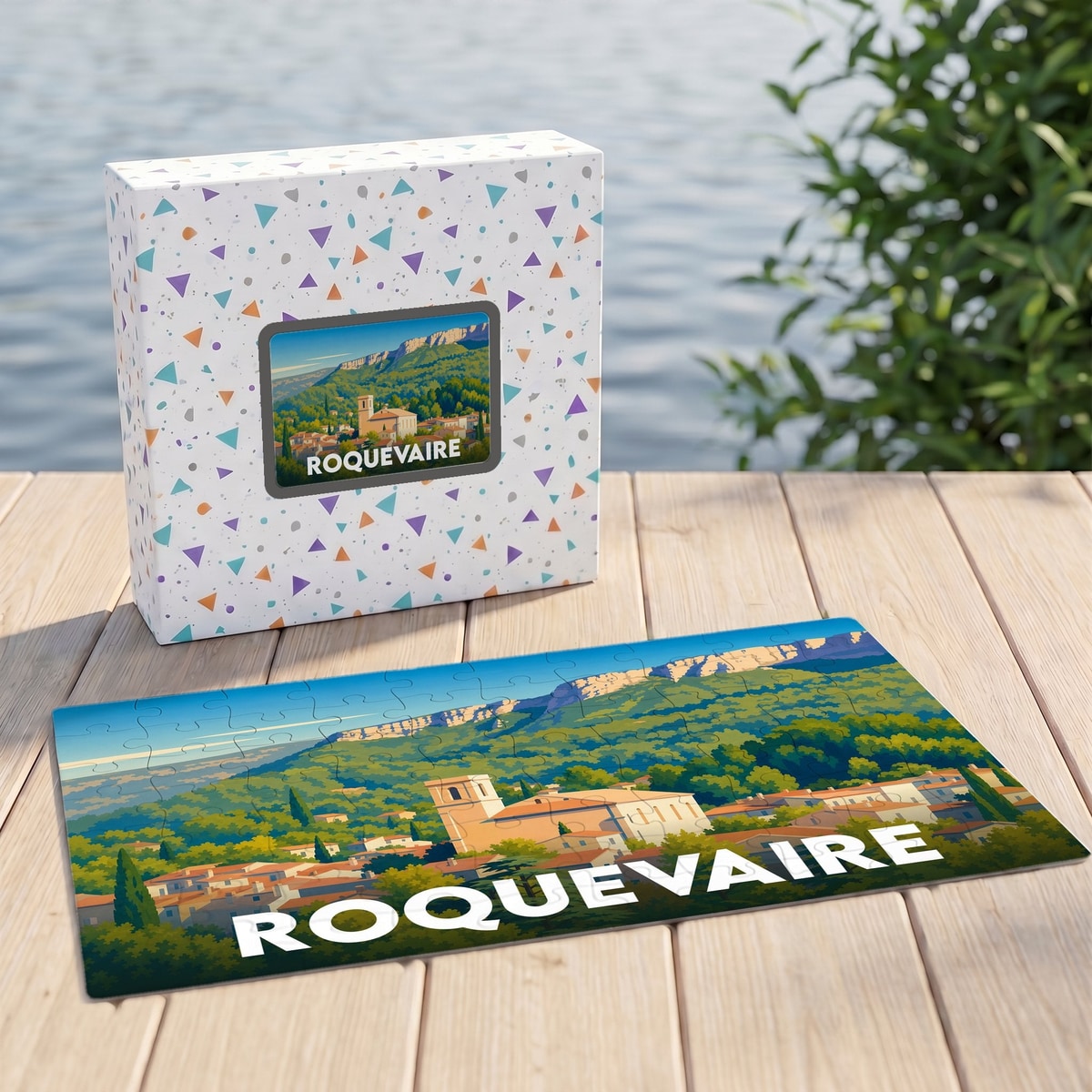 Puzzle souvenir de la ville de Roquevaire avec une illustration stylisée d'un paysage provençal.