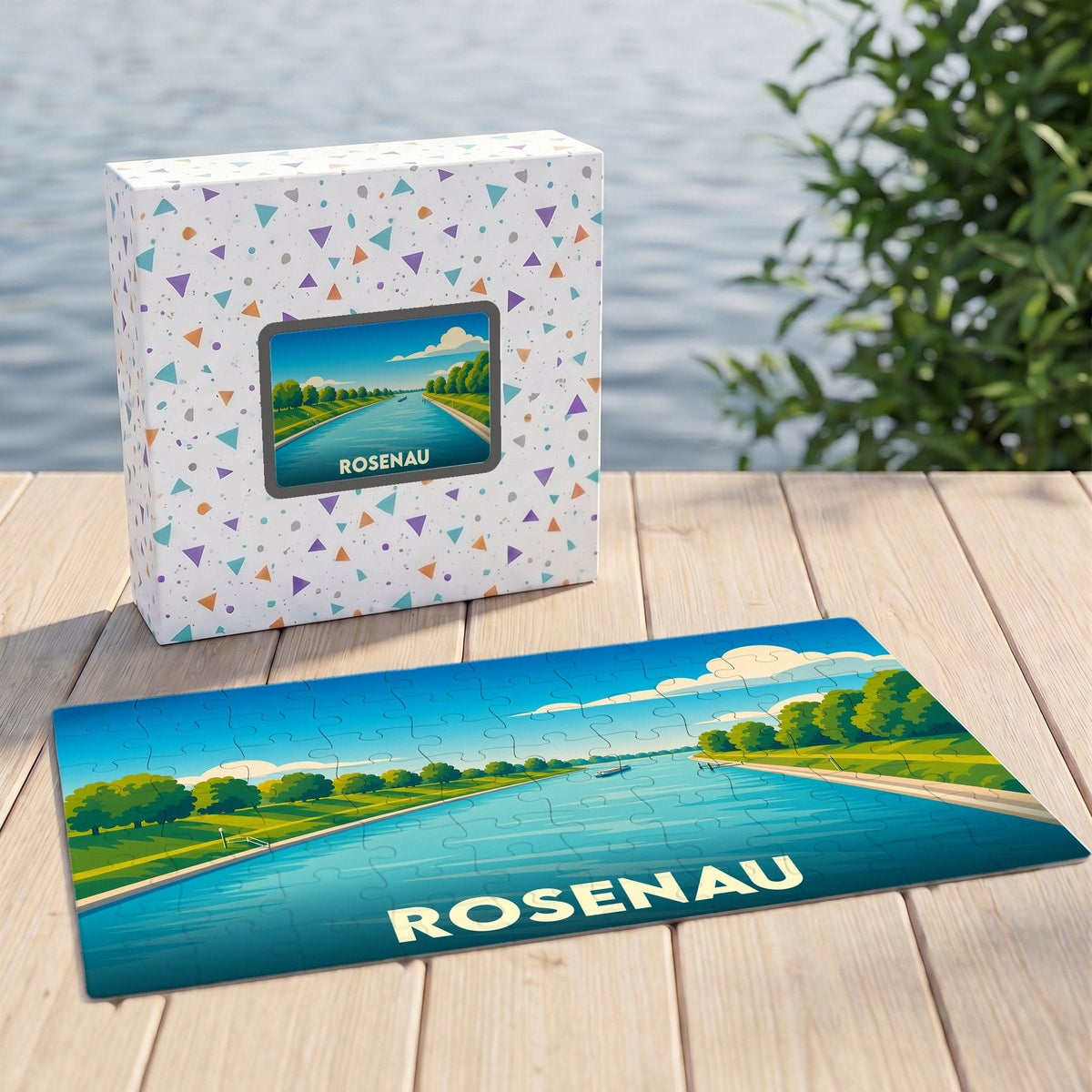Puzzle souvenir de la ville de Rosenau avec une illustration stylisée d'un canal paysager.