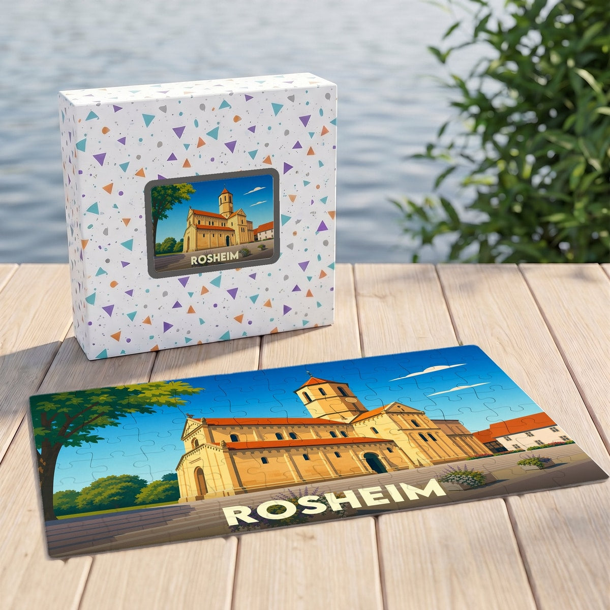 Puzzle souvenir de la ville de Rosheim avec une illustration stylisée d'un monument historique.