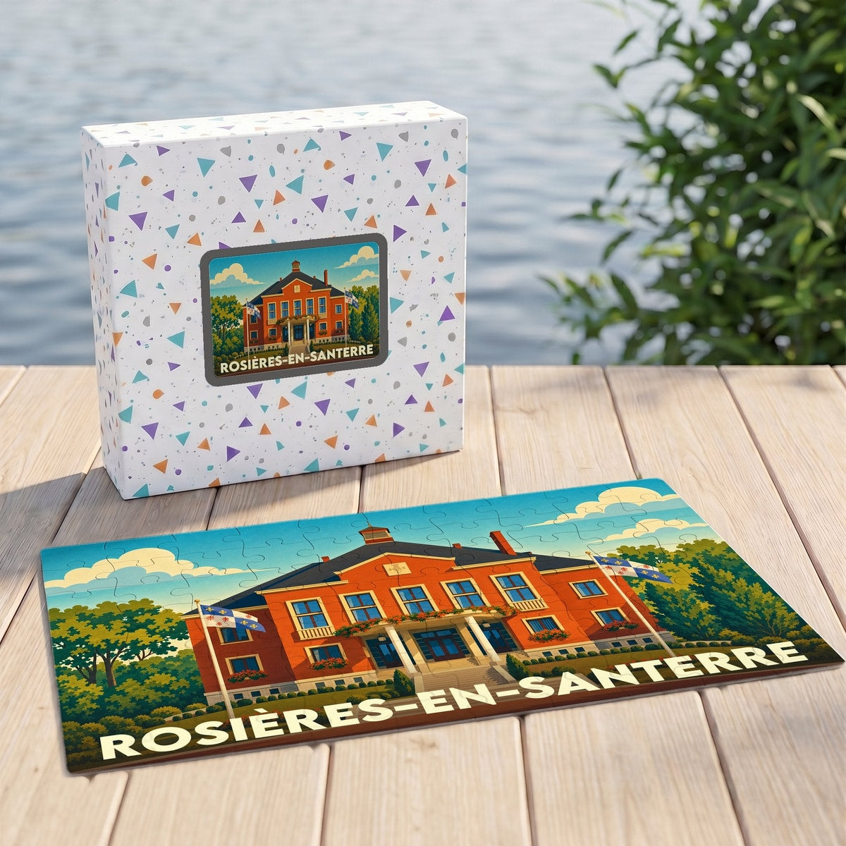 Puzzle souvenir de la ville de Rosières-en-Santerre avec une illustration stylisée d'un bâtiment en briques rouges.