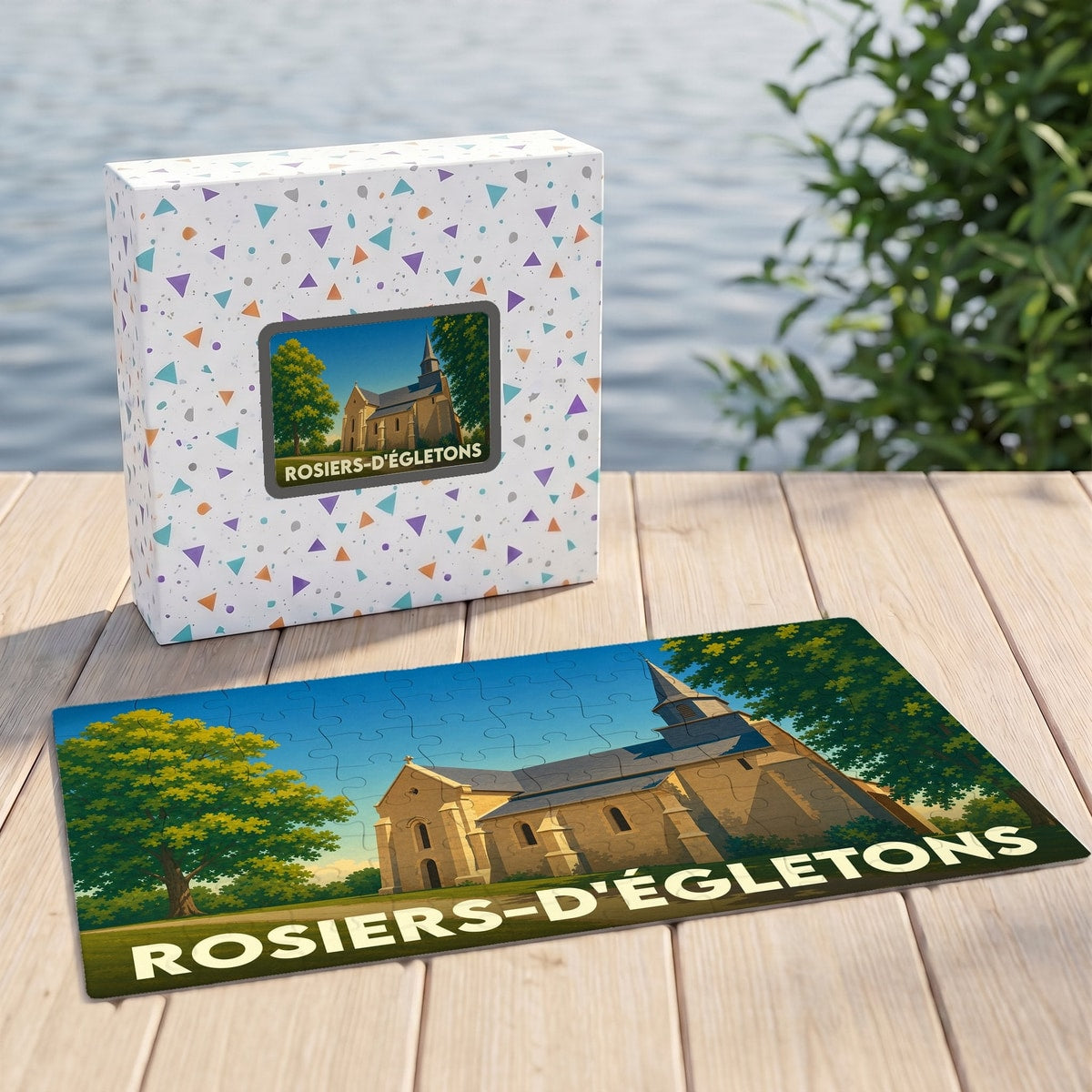 Puzzle souvenir de la commune de Rosiers-d'Égletons illustré par un dessin stylisé de son église.