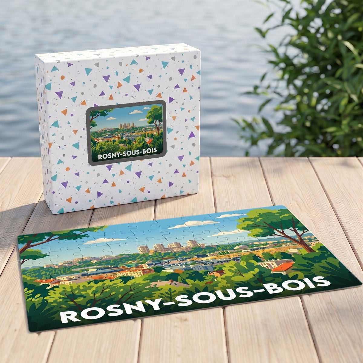 Puzzle souvenir de la ville de Rosny-sous-Bois avec une illustration panoramique stylisée.