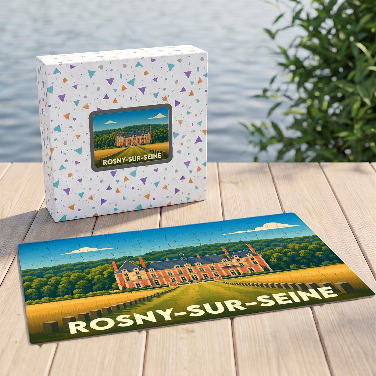 Puzzle souvenir de la ville de Rosny-sur-Seine avec une illustration stylisée de son château.