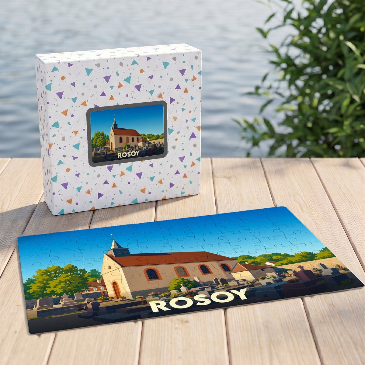 Puzzle souvenir de la ville de Rosoy avec une illustration stylisée de son église et de son cimetière.