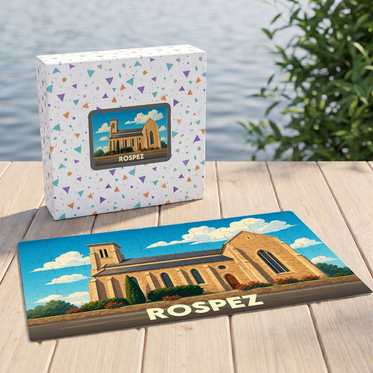 Puzzle souvenir de la ville de Rospez avec une illustration stylisée de son église.