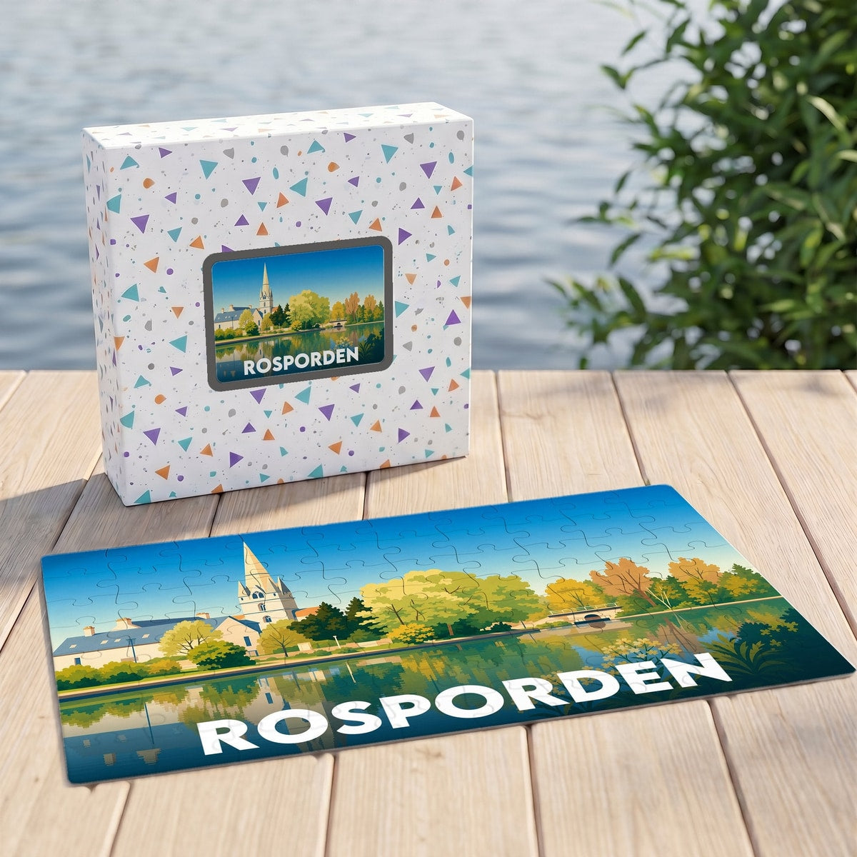 Puzzle souvenir de la ville de Rosporden avec une illustration stylisée d'un paysage lacustre.
