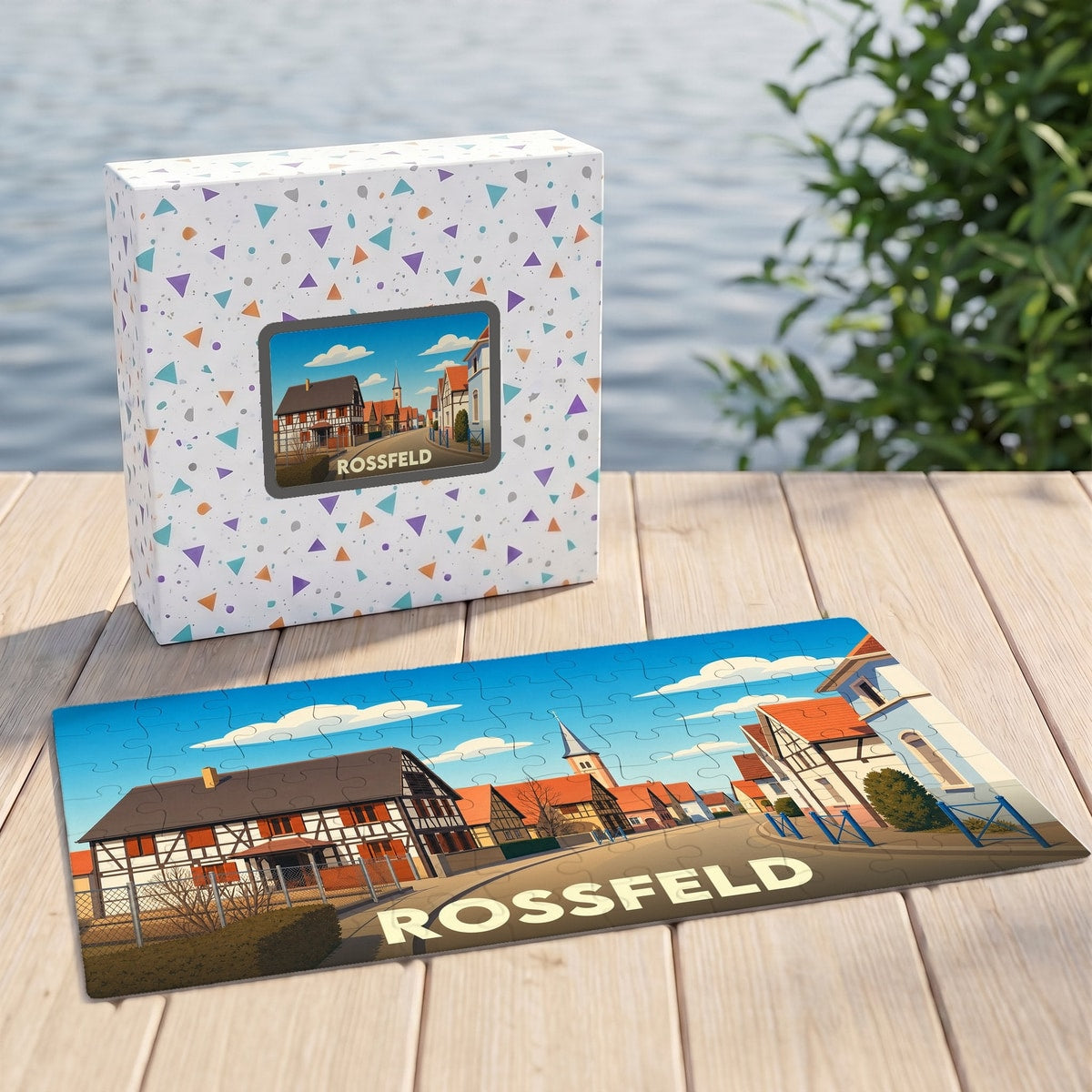 Puzzle souvenir de la ville de Rossfeld avec une illustration stylisée de ses maisons à colombages.