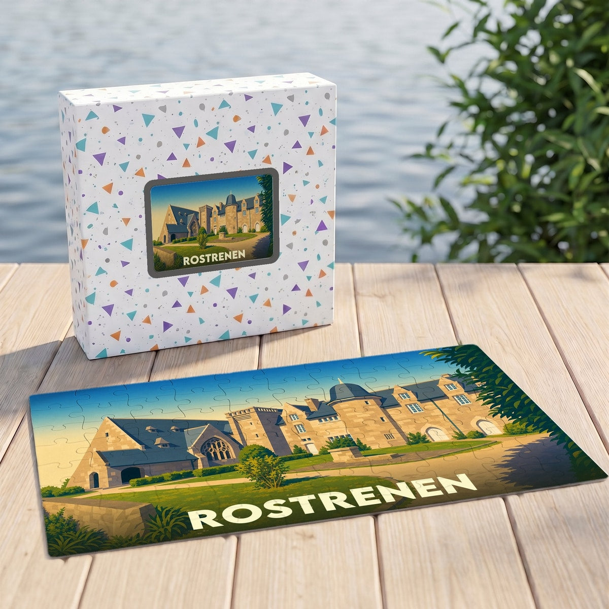 Puzzle souvenir de la ville de Rostrenen avec une illustration stylisée d'un château.