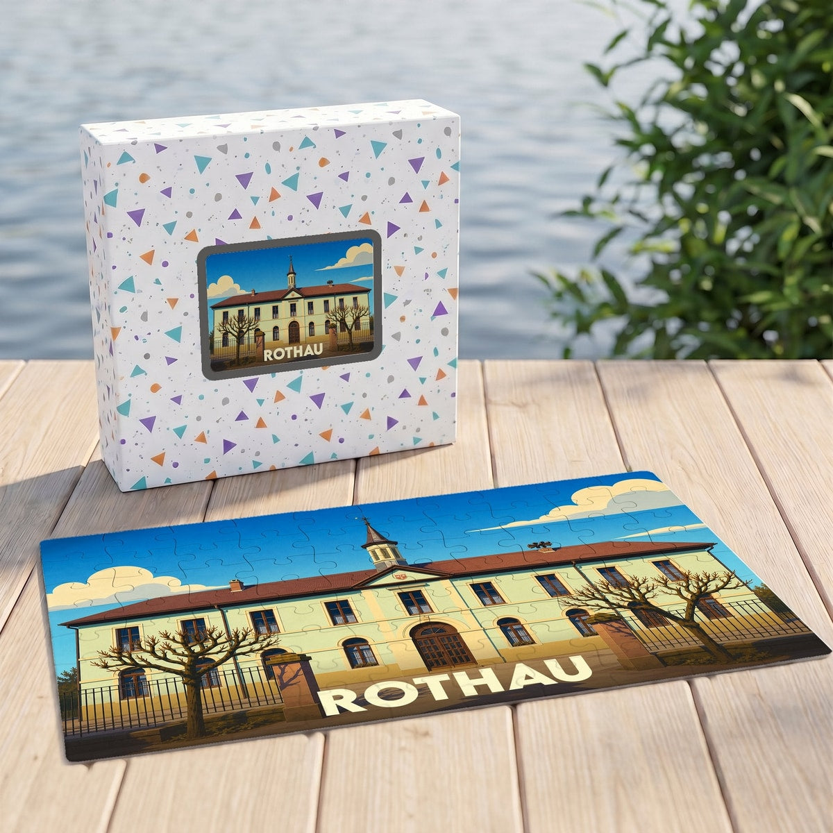 Puzzle souvenir de la ville de Rothau avec une illustration stylisée d'un bâtiment historique.