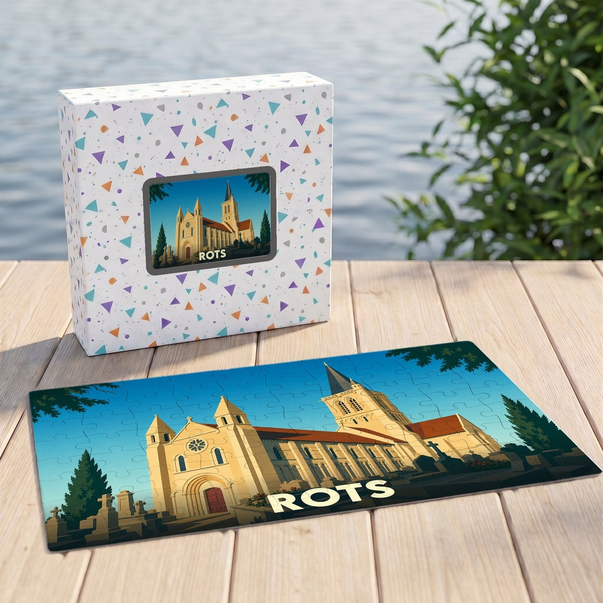 Puzzle souvenir de la ville de Rots illustrant son église dans un style graphique épuré.
